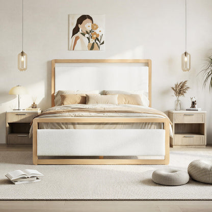 KISLOT Queen Wood Platform Bed Frame with Boucle Upholstered Headboard, Mid-Century Modern Bed with USB Charging Station, Solid Wood Slat Support, Noise-Free, No Box Spring Needed, Natural