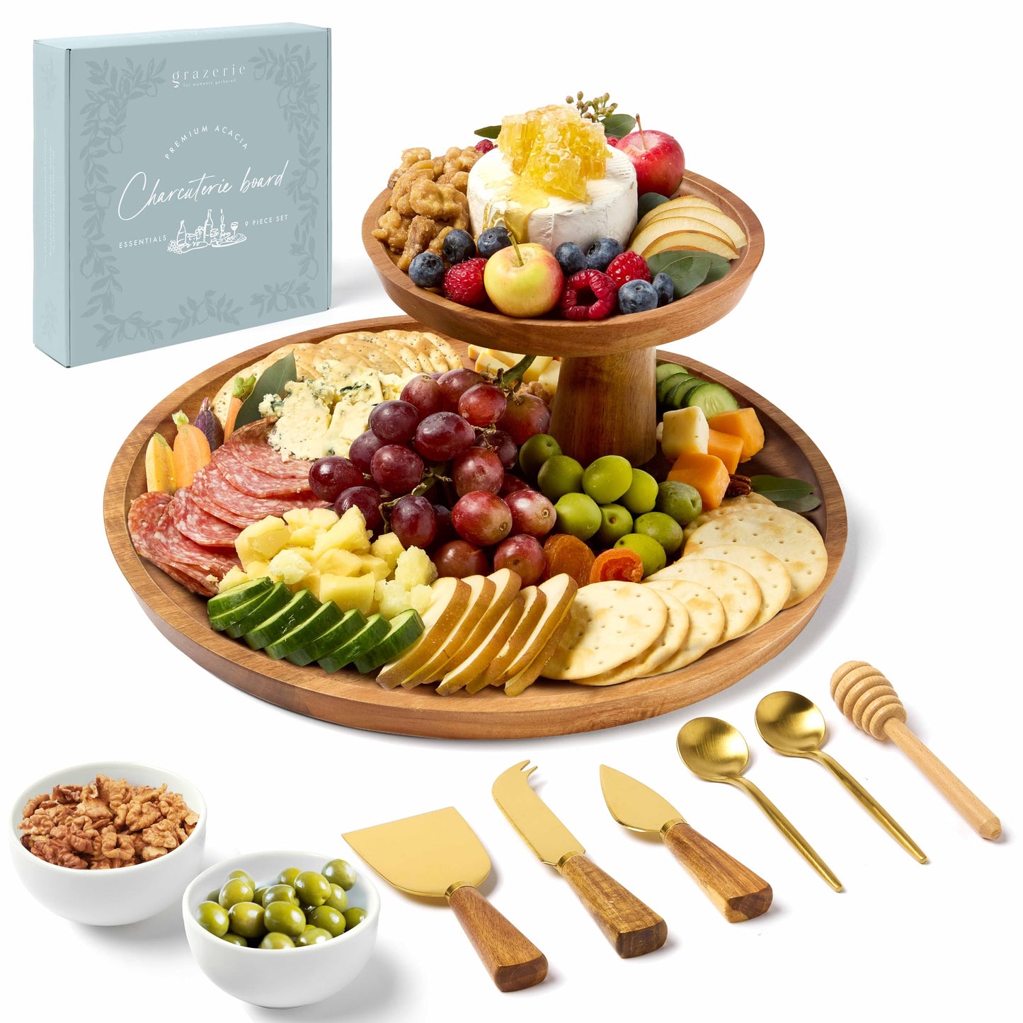 Grazerie Charcuterie Board Set - Round Acacia Cheese Board Tiered Tray Stand with Accessories - House Warming Gifts for New Home, Bridal Shower & Wedding Gift, Birthday Gifts for Women