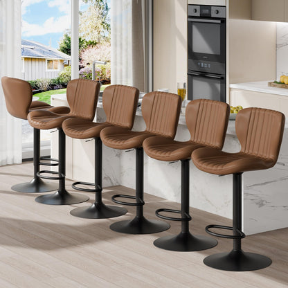 Shintenchi Bar Stools Set of 6 Modern Swivel Bar Chairs, Counter Height Faux Leather Metal Barstools, Upholstered Island Chairs with Back and Footrest, Coffee