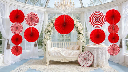 FHMUYDK 12 PCS Red Paper Fans,Round Hanging Pattern Paper Garlands Fan Party Decorations for Wall Decor Birthday Wedding BBQ Baby Shower Pizza Party Home Decor