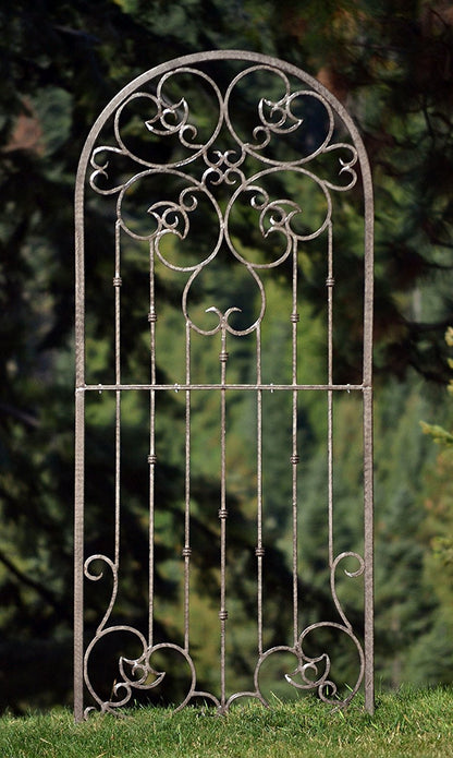 H Potter 72” Heavy Duty Garden Trellis – 60 lb Solid Iron Scrollwork Panel, 1” Metal Frame with Ground & Stabilizing Stakes (Charcoal Brown)