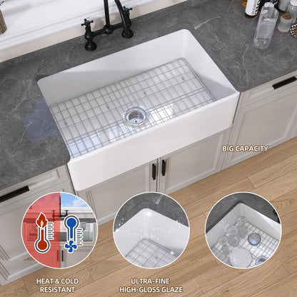 GETPRO White Farmhouse Kitchen Sink 30 inch Fireclay Apron Front Farm Sink Undermount Single Bowl Reversible Farmer House Style Kitchen Basin with Modern Accessories