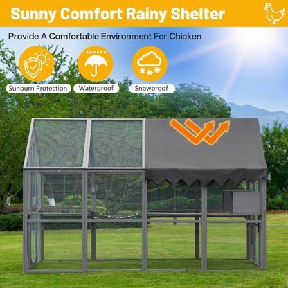 KEIKI 110"L Outdoor Large Chicken Coop with Waterproof Cover, Roosting Platform, Wire Mesh & 2 Lift Small Doors with Locks, Wood Chicken Coop House with Run for Cat Kitten Playpen, Duck, Rabbit, Quail