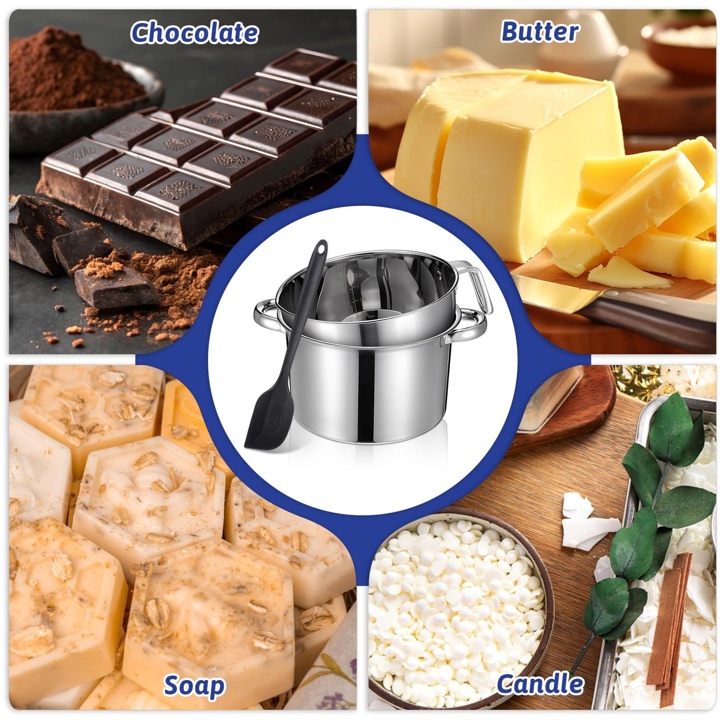 Double Boiler Pot Set, Include 2500ml/2.3QT Mixing Bowl and 4000ml/3.63qt Stainless Steel Pot, Silicone Spatula, For Candy, Soap Wax Candle Making Supplies, Induction Safe