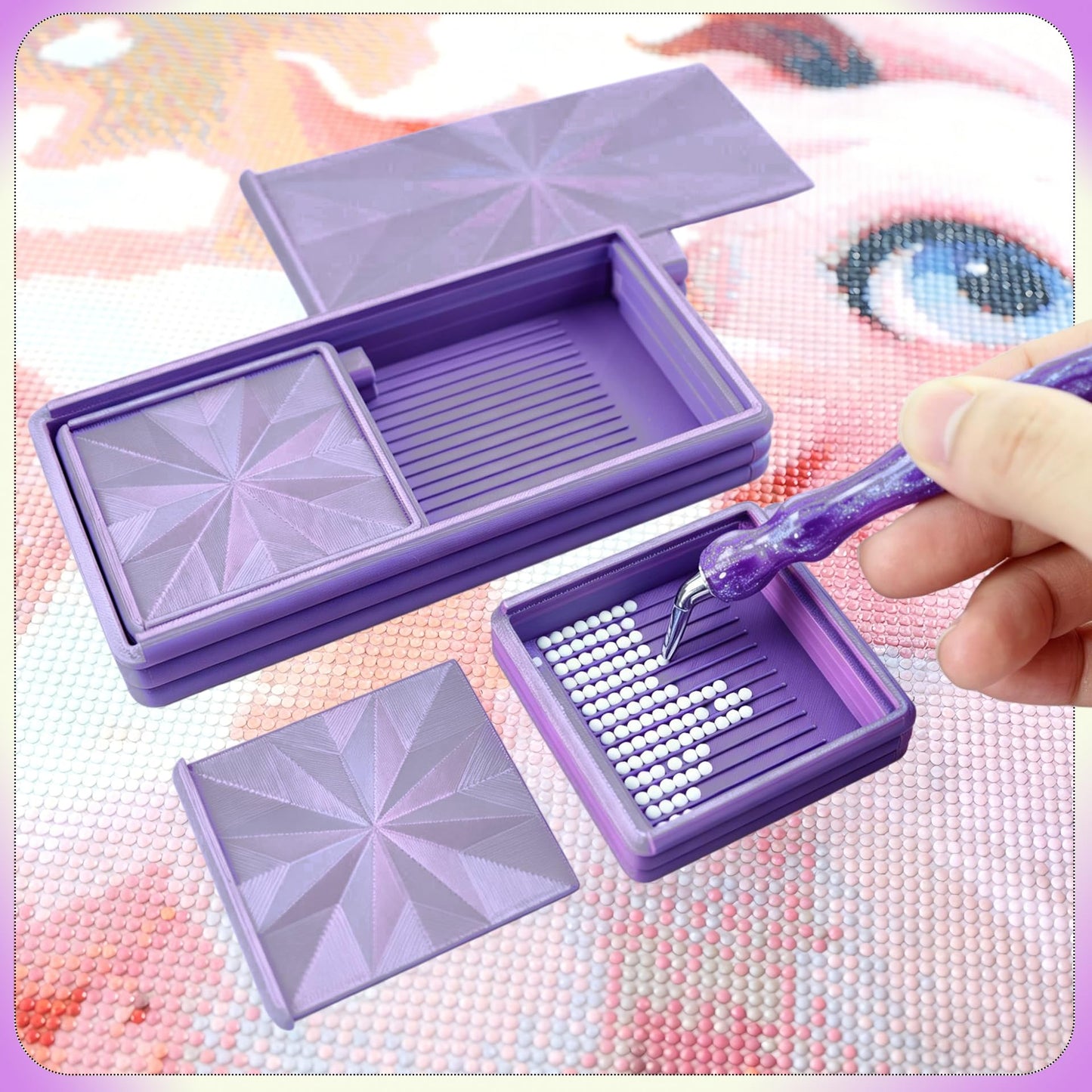 Diamond Art Trays with Lids and Stoppers, Stackable Diamond Painting Trays, 3 in 1 Diamond Bedazzling Tray with Tweezers, Brushes, Diamond Art Painting Bead Rhinestone Sorting Trays (Black Purple)