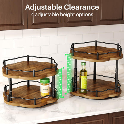 Spice Rack Lazy Susan Organizer for Cabinet, Rotating Spice Organization 2 Tier Adjustable Lazy Susan Turntable Spice Cabinet Organizer for Kitchen Countertop & Pantry, Wood 10 Inch Seasoning Storage