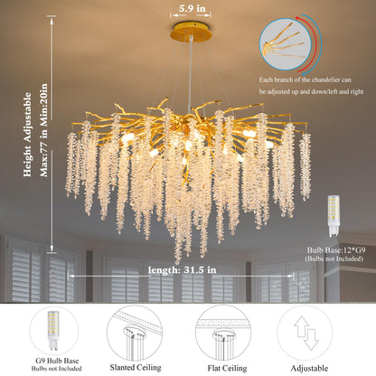 Puvaue Crystal Tree Branches Chandeliers Luxury Round Raindrop Pendant Light Fixture Ceiling Hanging Light for Dining Room Bedroom Living Room Entryway D31.5“ Gold