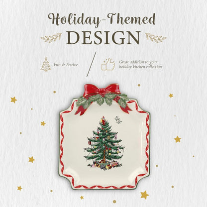 Spode Christmas Tree Ribbons Square Platter with Bow Handles - 11-Inch Holiday Serving Plate for Desserts, Appetizers, & Treats - Festive Christmas Dinnerware with Gold Accents - Dishwasher Safe