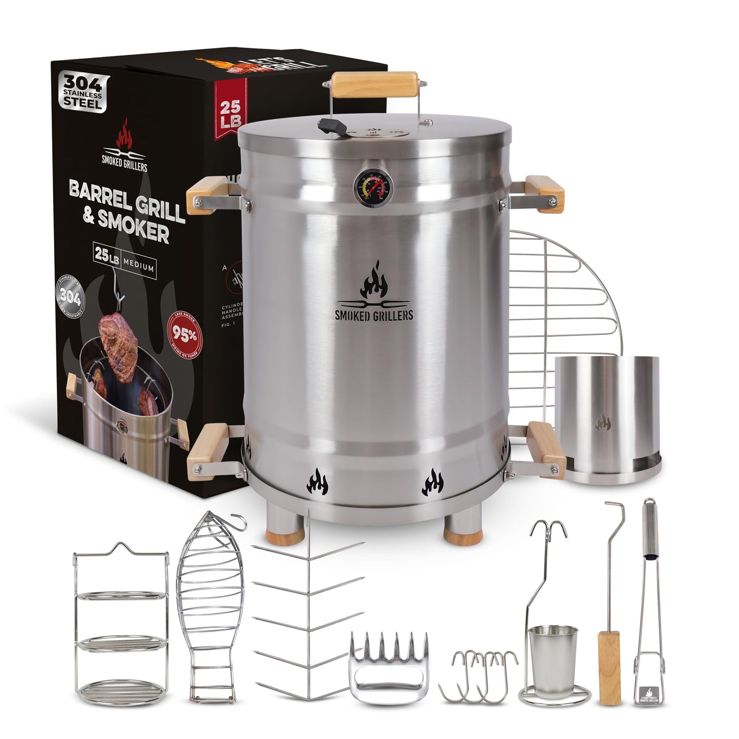 Smoked Grillers Barrel Smoker Grill Combo | 100% 304 Stainless Steel Barrel | 95% Less Smoke, Even Heat | Easy to Use & Clean – Vertical Smoker Ideal for Balconies and Backyards (MEDIUM-25 LBS)