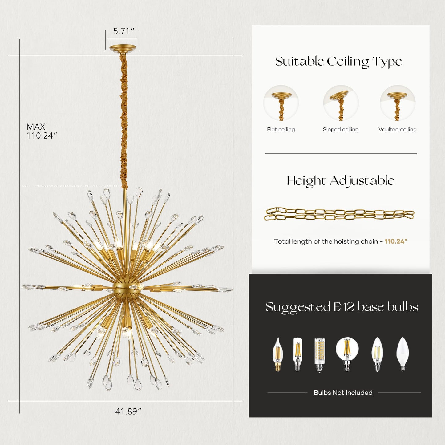 Aol furin 18-Light Gold Sputnik Chandeliers, 41" Starburst Firework Pendant Light fixtures, Mid-Century Modern Satellite Ceiling Lights for Dining Room, Kitchen, Bedroom, Living Room, E12