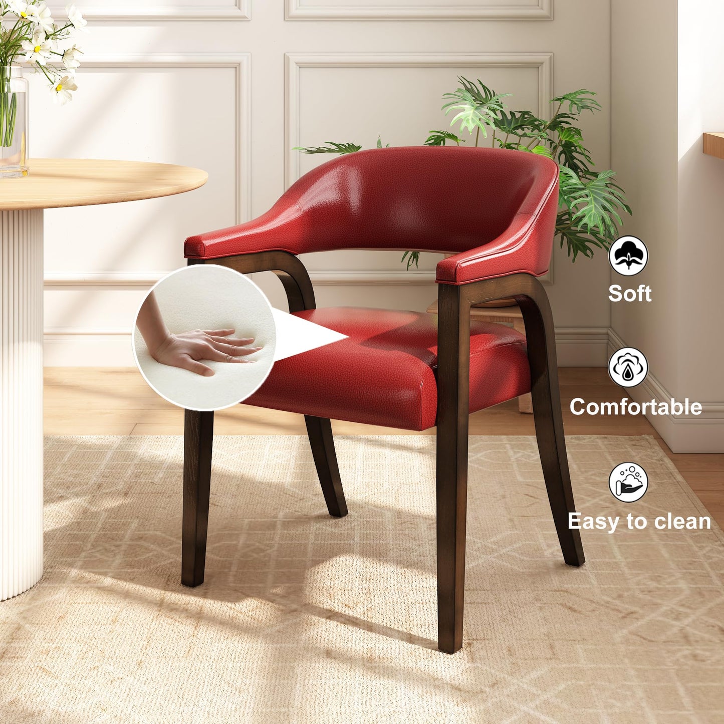 Upholstered Barrel Dining Chair Set of 4, 17.72"H Faux Leather Dining Room Chair with Arms Open-Back Dining Chairs w/ Wood "R" Legs Comfy Accent Side Chairs for Home Kitchen, Wine Red(NO TABLE!)