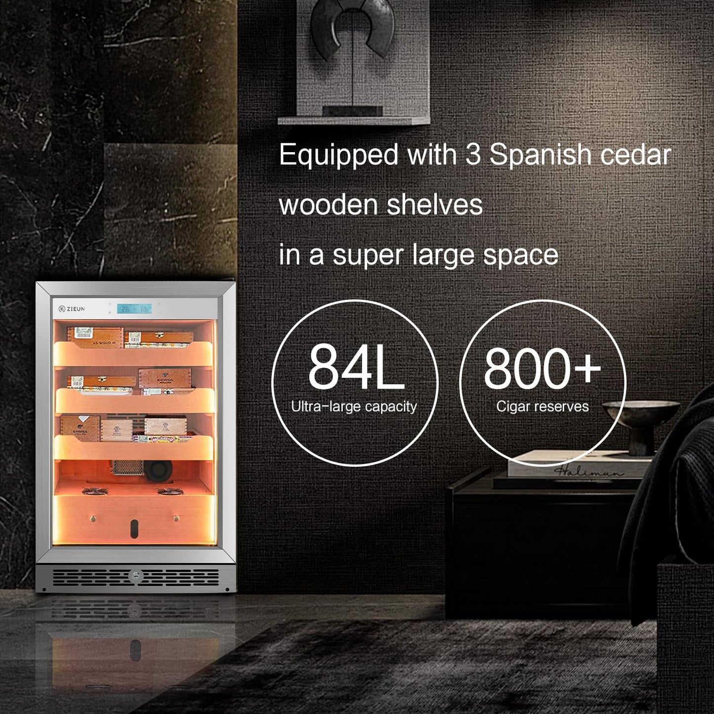 ZIEUN Upgrade 84L Electric Cigar Humidor Temperature & Humidity Control,Built-in Humidification System with Spanish Cedar Wood Shelves, Holds 800 Cigars with LED