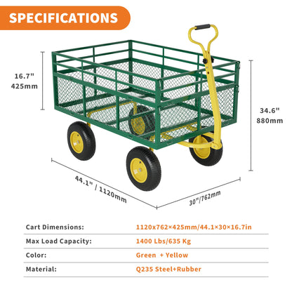 3-in-1 Heavy-Duty Steel Garden Cart, 1400 Lbs Garden Wagon, with 13 Inch All-Terrain Tires and Removable Mesh Side Panels, 180° Rotating Handle, Metal Utility Yard Trailer, Outdoor Gardens Wagon Cart