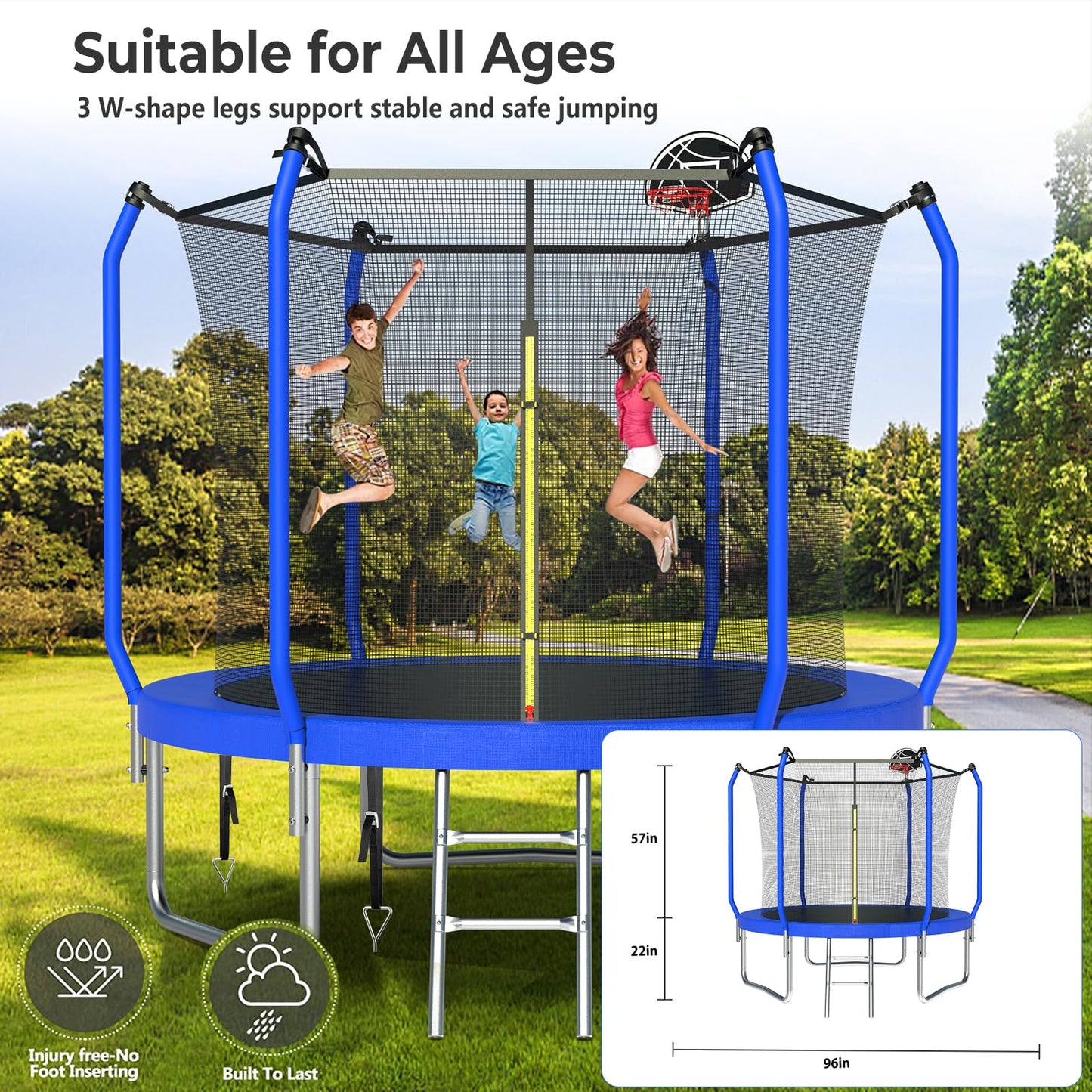 Lyromix Upgraded 8FT Trampoline for Kids and Adults, Large Outdoor Trampoline with Basketball,Stakes, Light, Sprinkler,Basketball Hoop and Net, Capacity for 3-5 Kids and Adults, Royal Blue