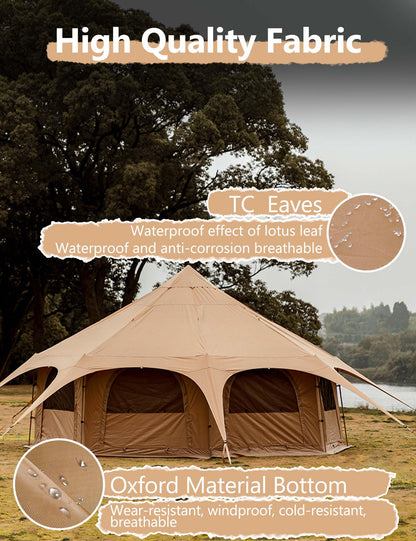Thcbme 5M Cotton Canvas Bell Tent - Yurts with Stove Jack, Windproof, Breathable Shade, Family Camping Travel, Group Activities, 4 Season Polyester (6-10People), Khaki, 16.4ft (MXT16.4ft-KQ)