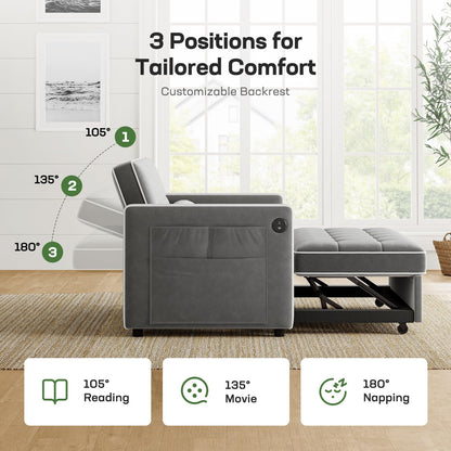Marsail 3-in-1 Convertible Futon Sleeper Sofa Bed, Pull Out Couch with Adjustable Backrest, USB Charging & Side Pockets, Velvet Fabric Sofa for Living Room, Apartment, Loveseat, Grey