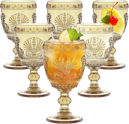 Singhoow 6 10 oz Pcs Goblet Glasses Wine Glasses, Drinking Glasses Colored Retro Embossed Water Goblets For Wine Juice
