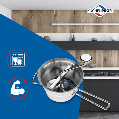 Küchenprofi Stainless Steel Food Mill, Silver, Large, 18/10 Steel, 4 Interchangeable Discs, Strainer for Sauce, 15.5x8.75x4.75 inches, 0.4 kg