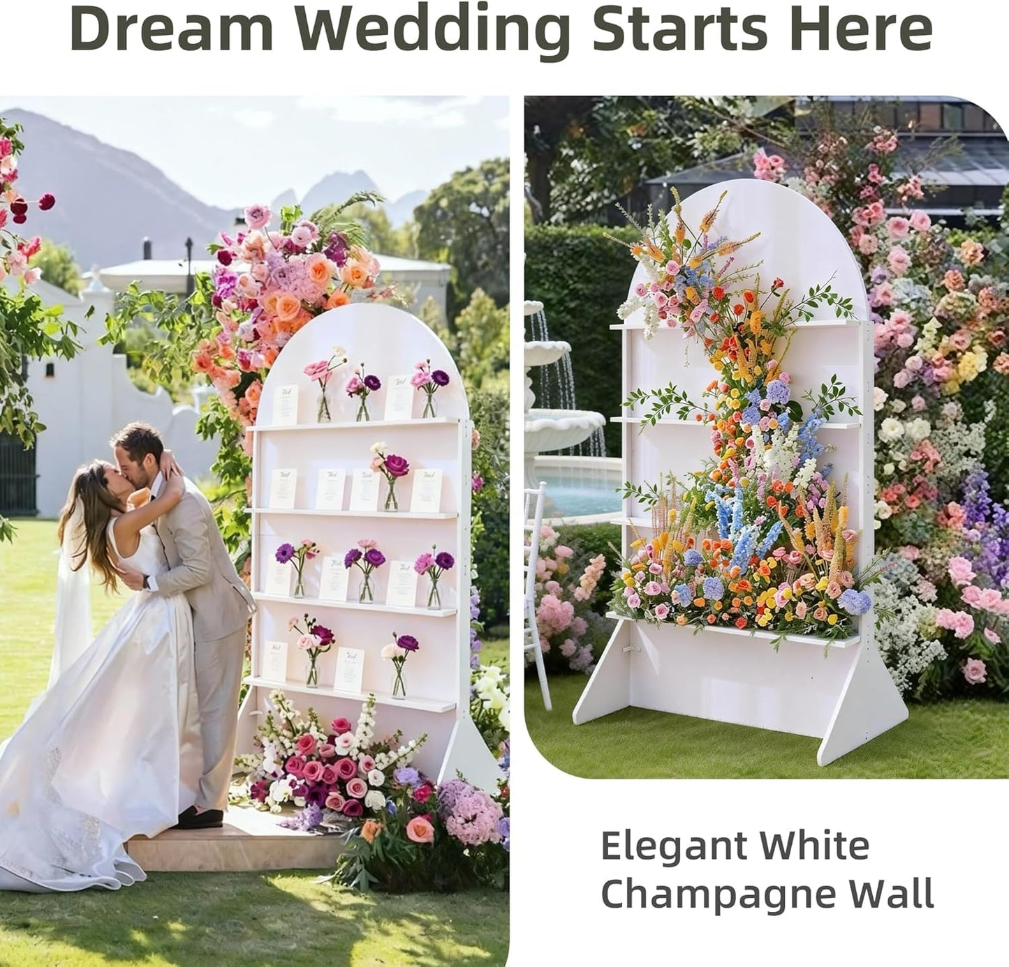Sicrifety 5.9 ft 4-Tier Champagne Wall Holder for Party, White Wedding Arch Backdrop Stand Holds 32 Glasses, Freestanding Champagne Wall for Wedding Reception & Event Decor