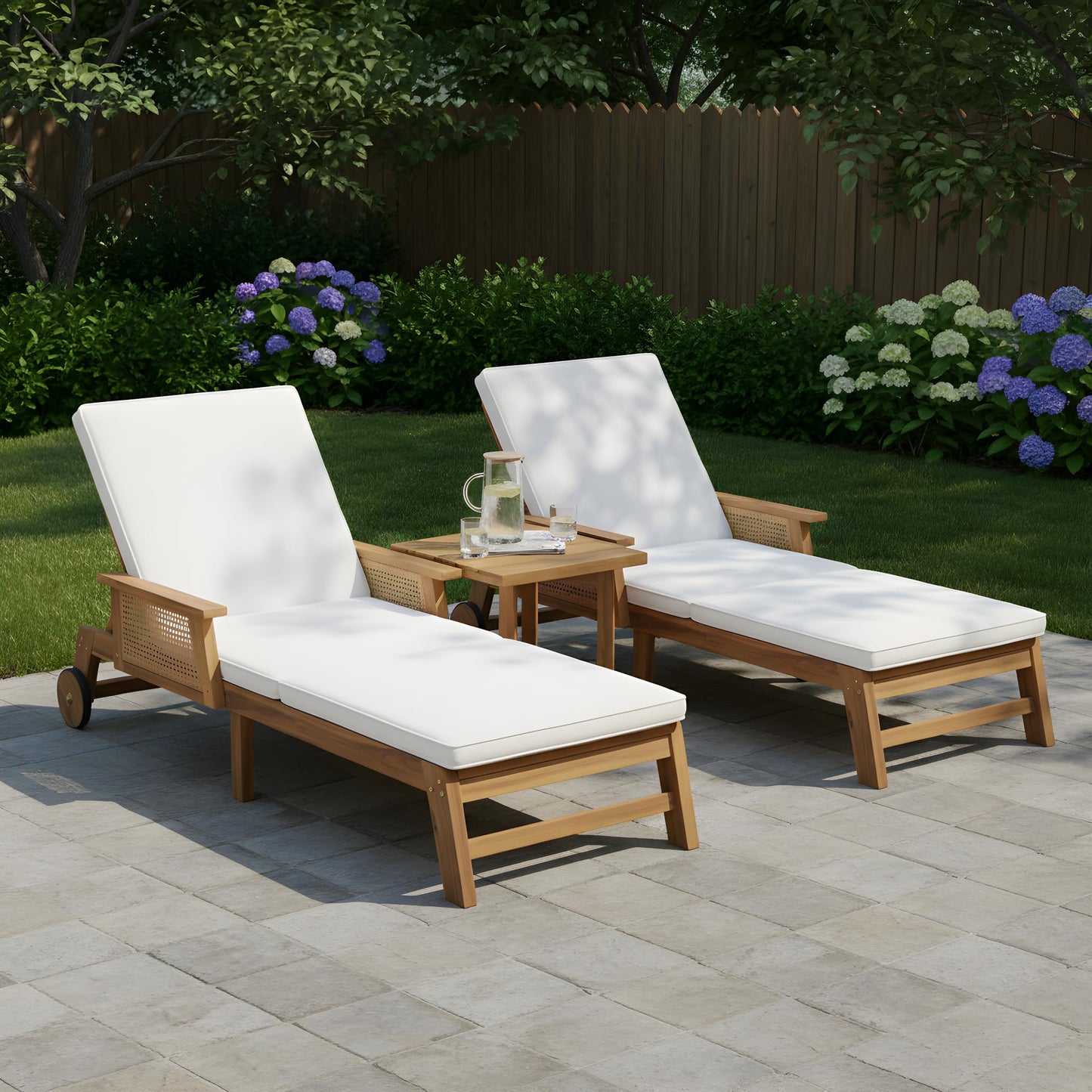 Christopher Knight Home 3-Piece Outdoor Chaise Lounge Chair Set of 2 with Side Table, Acacia Wood Patio Lounge Chairs with Cushion & Wheels, 3-Position Adjustable Beach Backyard Furniture, Beige/Teak