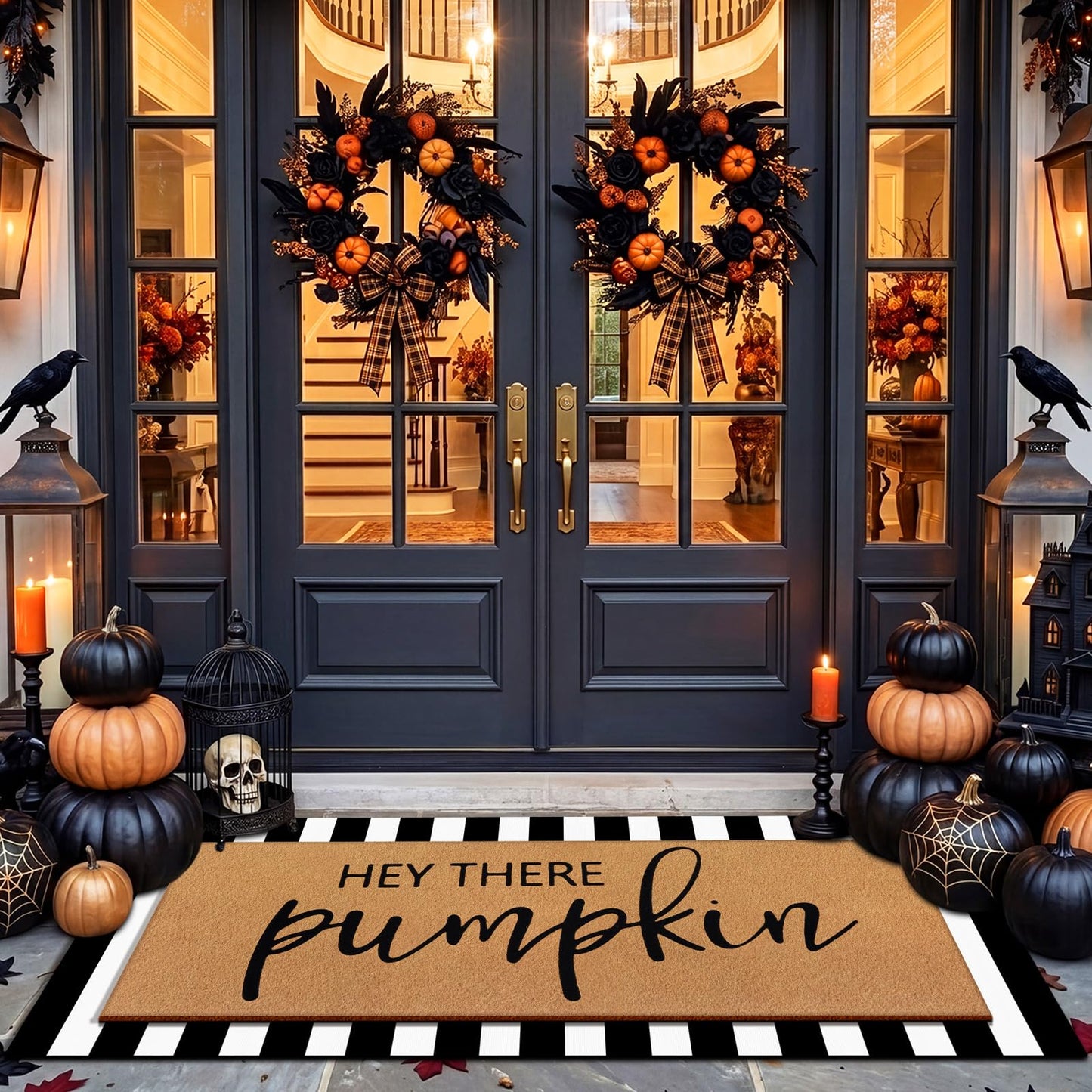 Tinideya 2 Pcs Door Mat Welcome Non Slip Coir Mats Floor Layering Doormats Seasonal for Front Porch Entryway Decor(Pumpkin)