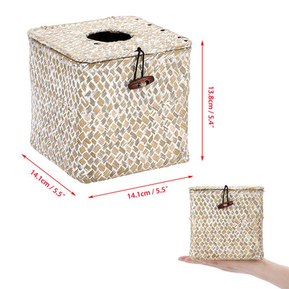Sumnacon Tissue Box Cover Square Seagrass Tissue Box with Lid, Woven Tissue Box Holder Rustic Cube Tissue Cover for Bathroom Toilet Bedroom Living Room Kitchen Table Desk Office Car, Whitewash