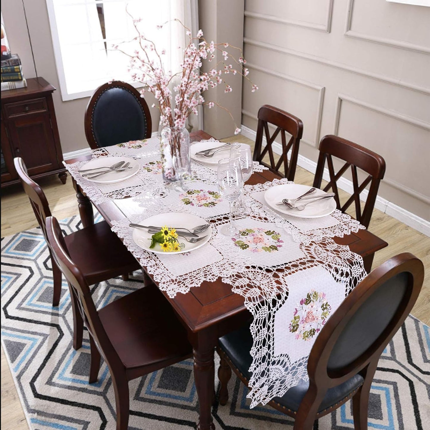 Dresser Scarf Handmade Crochet Cotton Lace Table Runner, Ribbon Embroidery (17 x 56 inches)