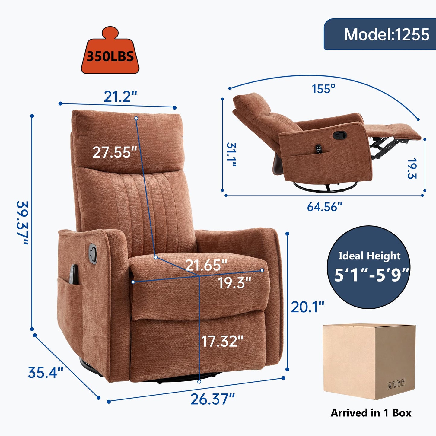 KEIKI 4-in-1 Manual Swivel Rocker Recliner Chair for Living Room, Chenille Nursery Glider Rocking Chairs with Back Massager & Heat, Built for Mobile Home Relaxation on Long Road Trips Journey, Orange