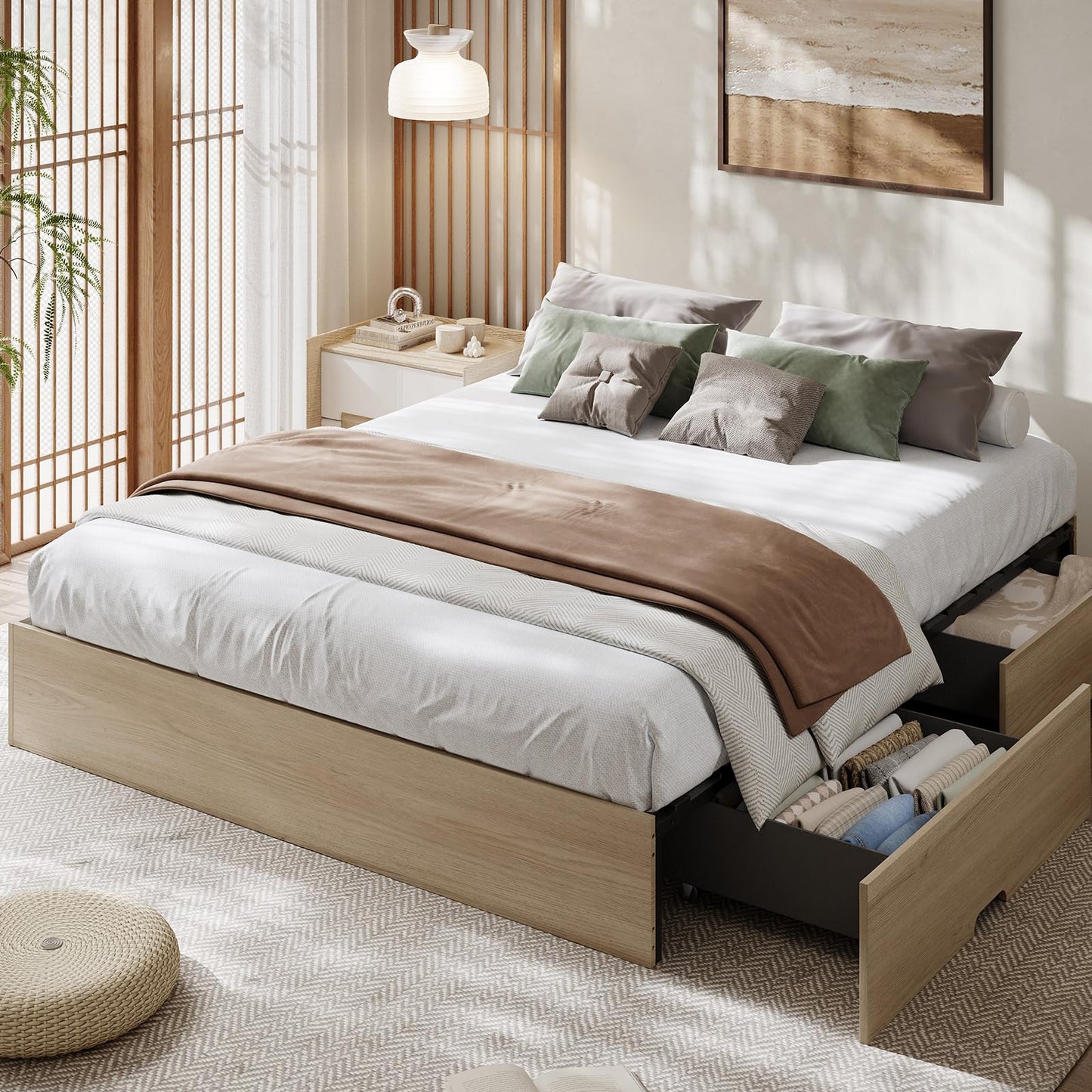 GarveeHome King Size Wood Platform Bed Frame with 2 Storage Drawers, Wooden Bed Frame Without Headboard, Wood Slat Support, No Box Spring Needed, Easy Assembly