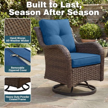 SAILARY Patio Furniture Set, 5PCS Outdoor Wicker Conversation Set with 6" Thick Cushions, High Back Swivel Rocker Chairs, Weather Resistant Olefin Fabric for Garden, Poolside, Navy Blue