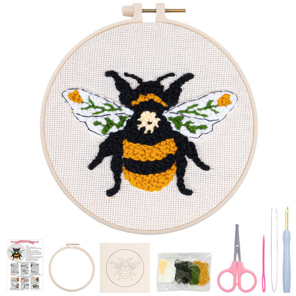 Nuberlic Punch Needle Kit for Beginners Cute Bee Pattern DIY Hoop Embroidery Punch Needle Starter Craft Set with Pre-Printed Fabric, Yarn, Frame & Tools Step-by-Step Introduction