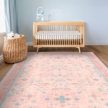 Oushak Floral Vintage Pink Area Rug - 5x7 Washable Low Pile Carpet for Kids' Playroom & Nursery