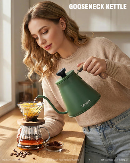 LRYYBTI Gooseneck Kettle Stovetop with Thermometer for Durable 3-Layer Base，Pour Over Kettle Stainless Steel Tea Kettle Compatible with all Stove Tops (Green, 37 fl oz)