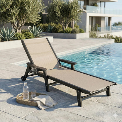 Tobeos Patio Chaise Lounge Chairs with Wheels & Cup Holder, All-Weather HDPE & Textilene Outdoor Pool Lounge Chairs, Grey Frame, Khaki Textilene, Set of 2