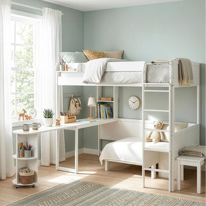 Merax Full Size Loft Bed with Extendable Desk and Lights, Wood Loft Bed Frame with Storage Shelves & Padded Foldable Sofa, Space-Saving Loft Bed for Teens Adults, Dorm Apartment, White