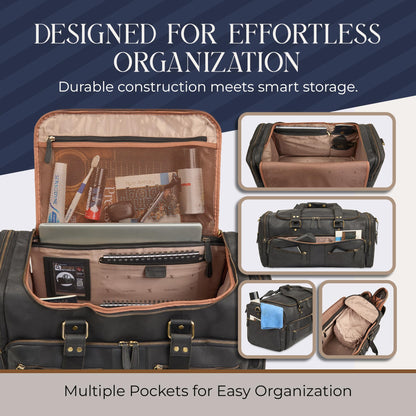 Luxorro Full Grain Leather Duffle Bag for Men | TSA Approved 22x14x9 Carry On Luggage | 22 Inch, 45L Capacity | Overnight Weekender & Travel Duffel | Black