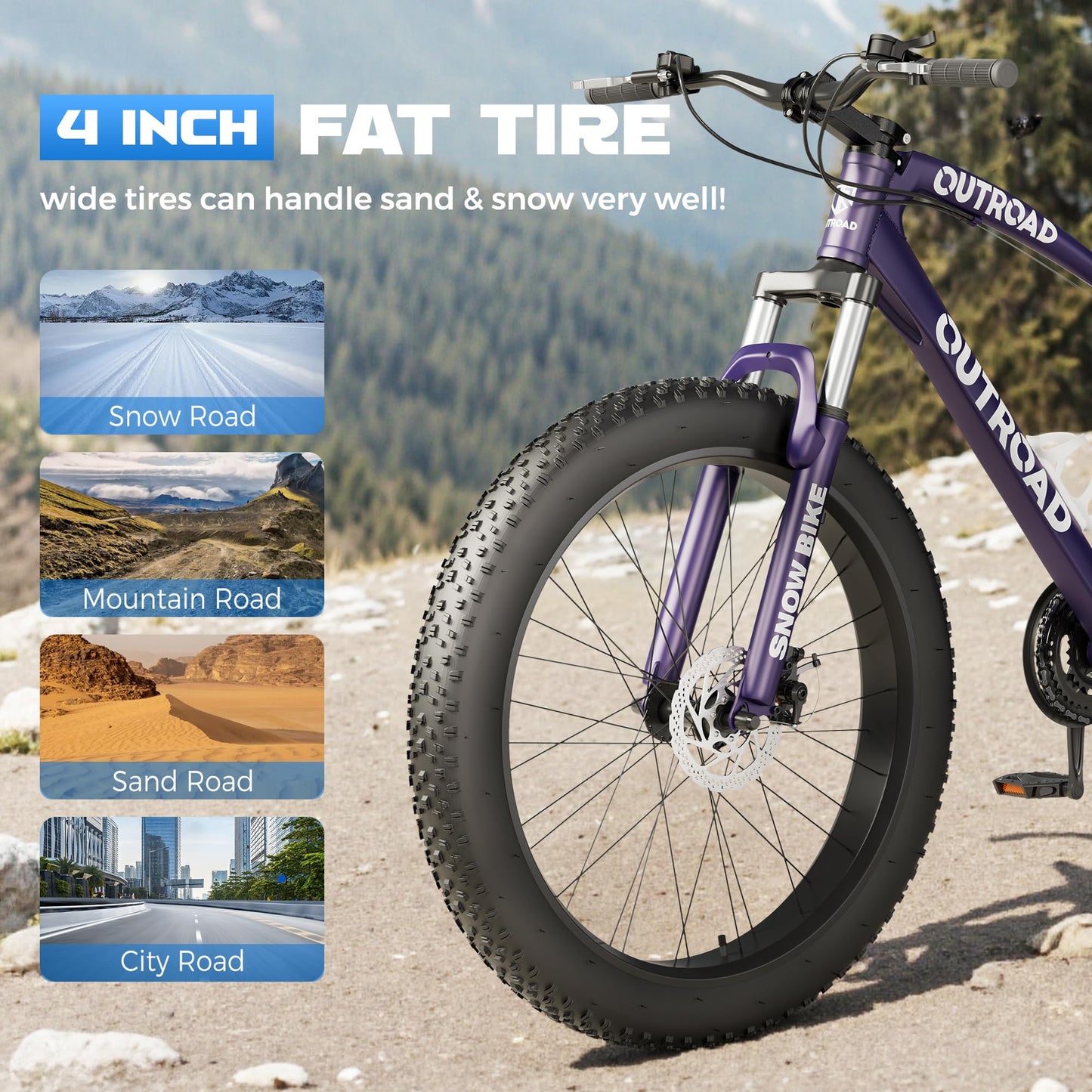 Incbruce 26 Inch Fat Tire Mountain Bike, High Carbon Steel Frame, 21 Speed MTB with Dual Disc Brakes for Men/Women/Adults (Purple)