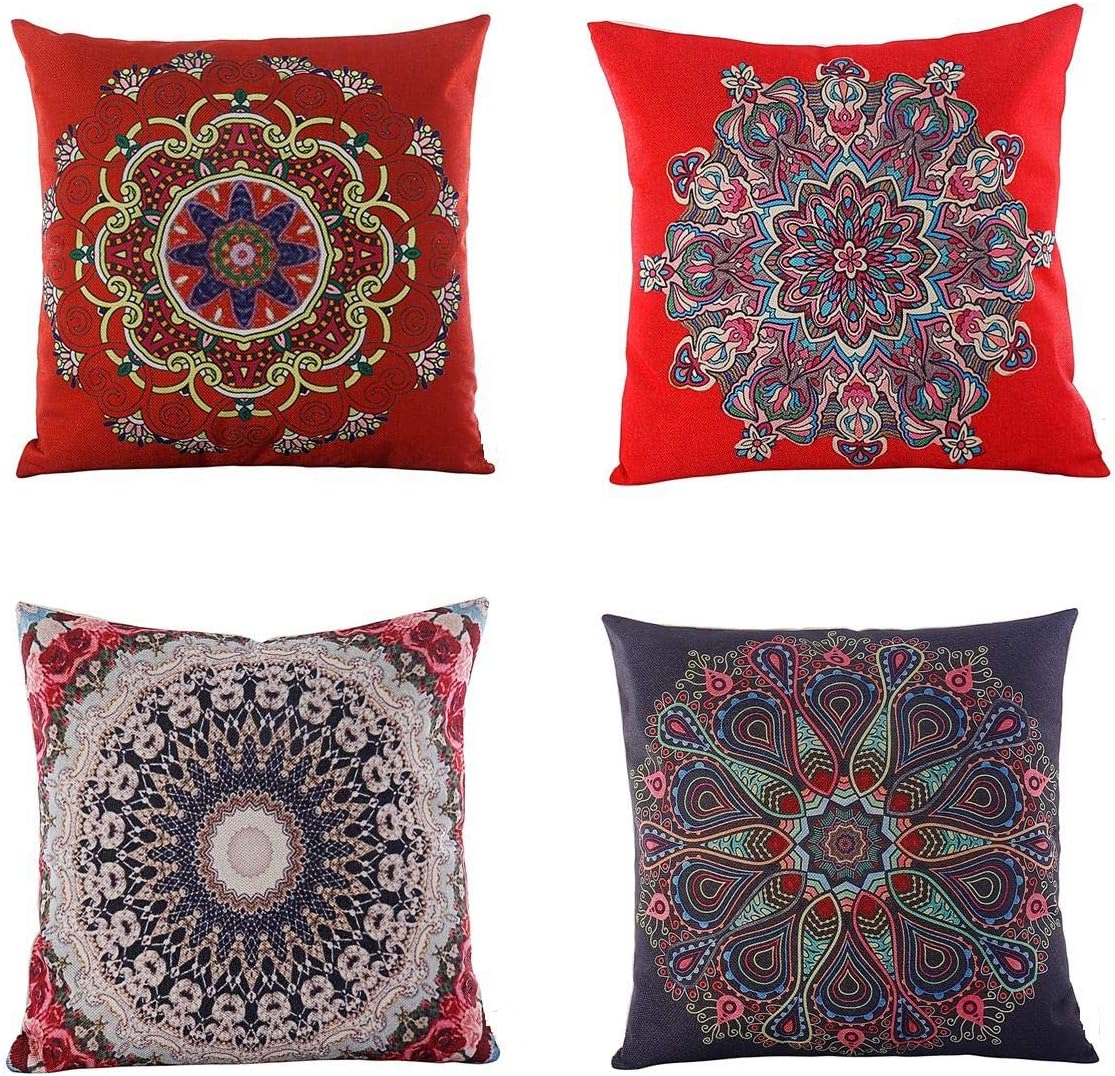 Set 4 18 18 Jartinle of Retro Red Floral Mandala Compass Medallion Bohemian Pillow Covers Boho Decor Hippie Ethnic