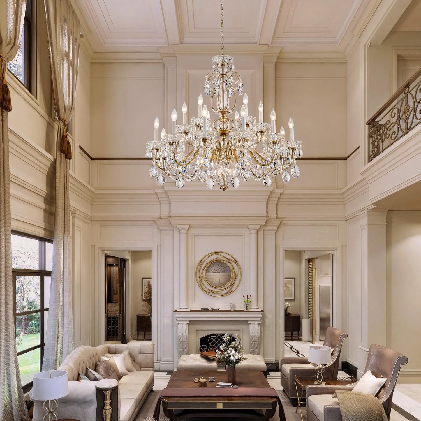 SHEKAITAO Vintage 2 Layers Crystal Chandelier for High Ceilings, 18-Light Brass Chandelier, Pendant Ceiling Light Fixture for Living Room Hallway Lobby Foyer Entrance Hotel Banquet Hall, Dia 37"