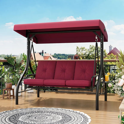 GarveeLife 3-Seat Outdoor Porch Swing with Adjustable Canopy, Convertible Patio Swing Bed with Stand, Thick Cushions & Cup Holders, Weather-Resistant for Backyard, Garden, Porch - Red