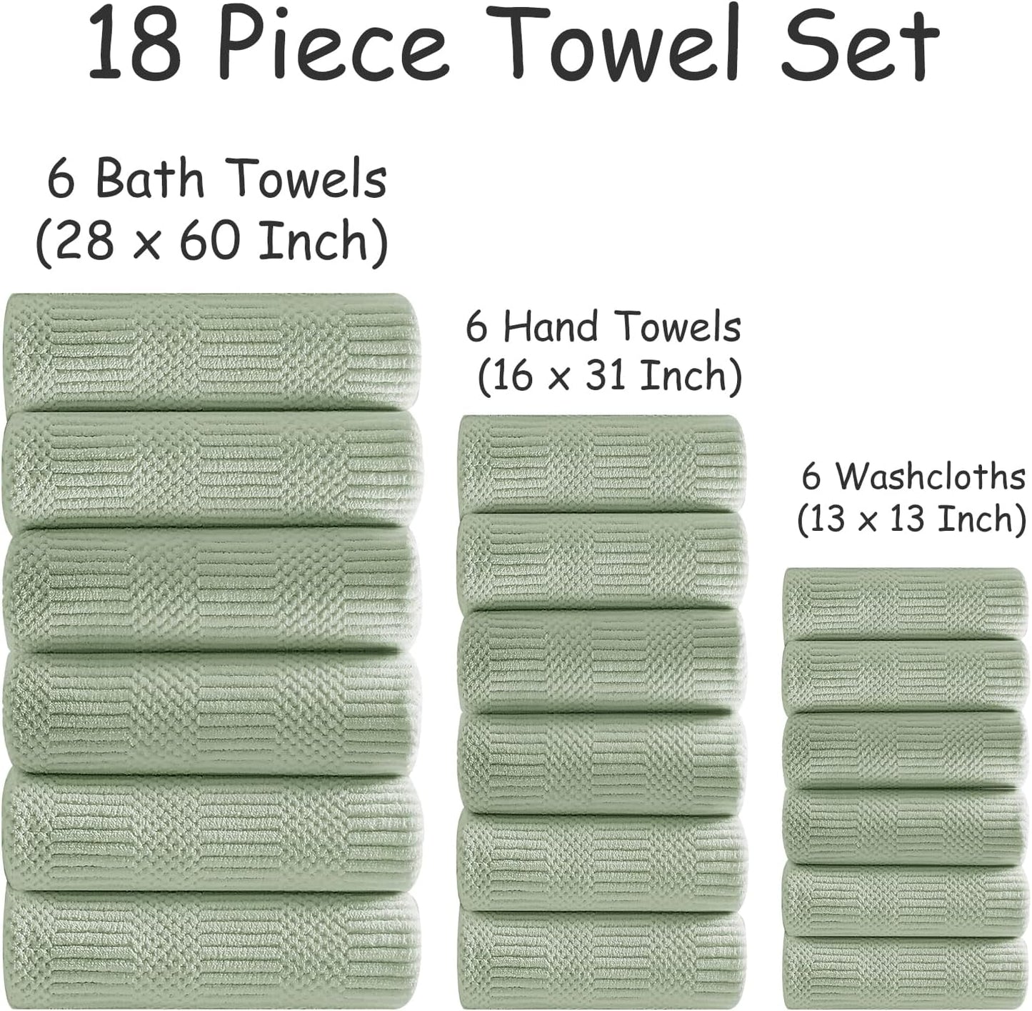 18 Set-6 Sheets,6 Towels,6 Set Pcs Green Woven Family Towels Bath Hand Washcloths Soft Polyester Towels Absorbent
