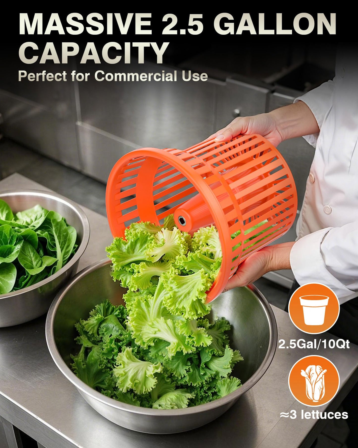 Wantjoin Commercial Salad Spinner - 2.5 Gallon Salad Dryer w/Aluminum Handle & Draining Hose, 10Qt Manual Salad Spinner for up to 3 Heads of Lettuce Spinner Large for Catering Kitchen