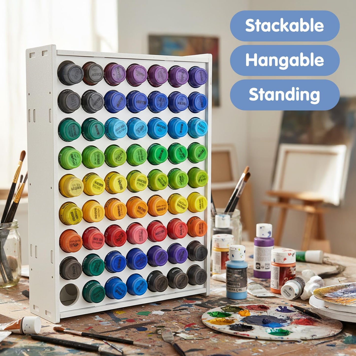 2 Pcs 63 Holes Paint Organizer, Wall-Mounted and Stackable Vertical Craft Paint Storage Holder for 2oz Craft Paints, White