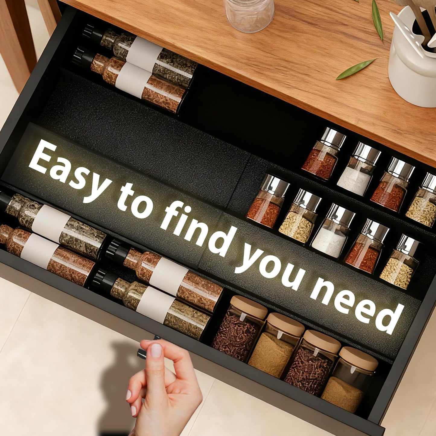 Pesilo Spice Drawer Organizer, 4 Tier- 6 Pack Drawer Seasoning Organizers, Kitchen Spice Rack Tray Expandable From 12" to 24", Black Spice Rack Insert for Cabinet Countertop(Jars Not Included)