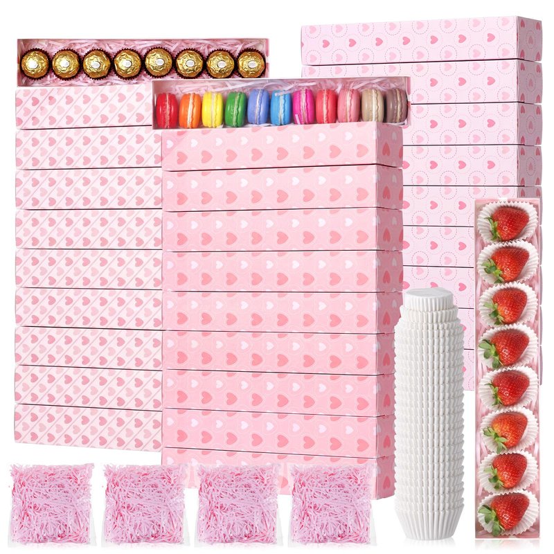 Reallnaive 30 Sets Mother's Day Chocolate Strawberries Boxes with Clear Window 30 Pcs Bakery Macaron Box 250 Pcs Paper Food Tray 4 Bags Raffia Gift for Mother's Day 12 x 2.2 x 2 Inch(Elegant Style)