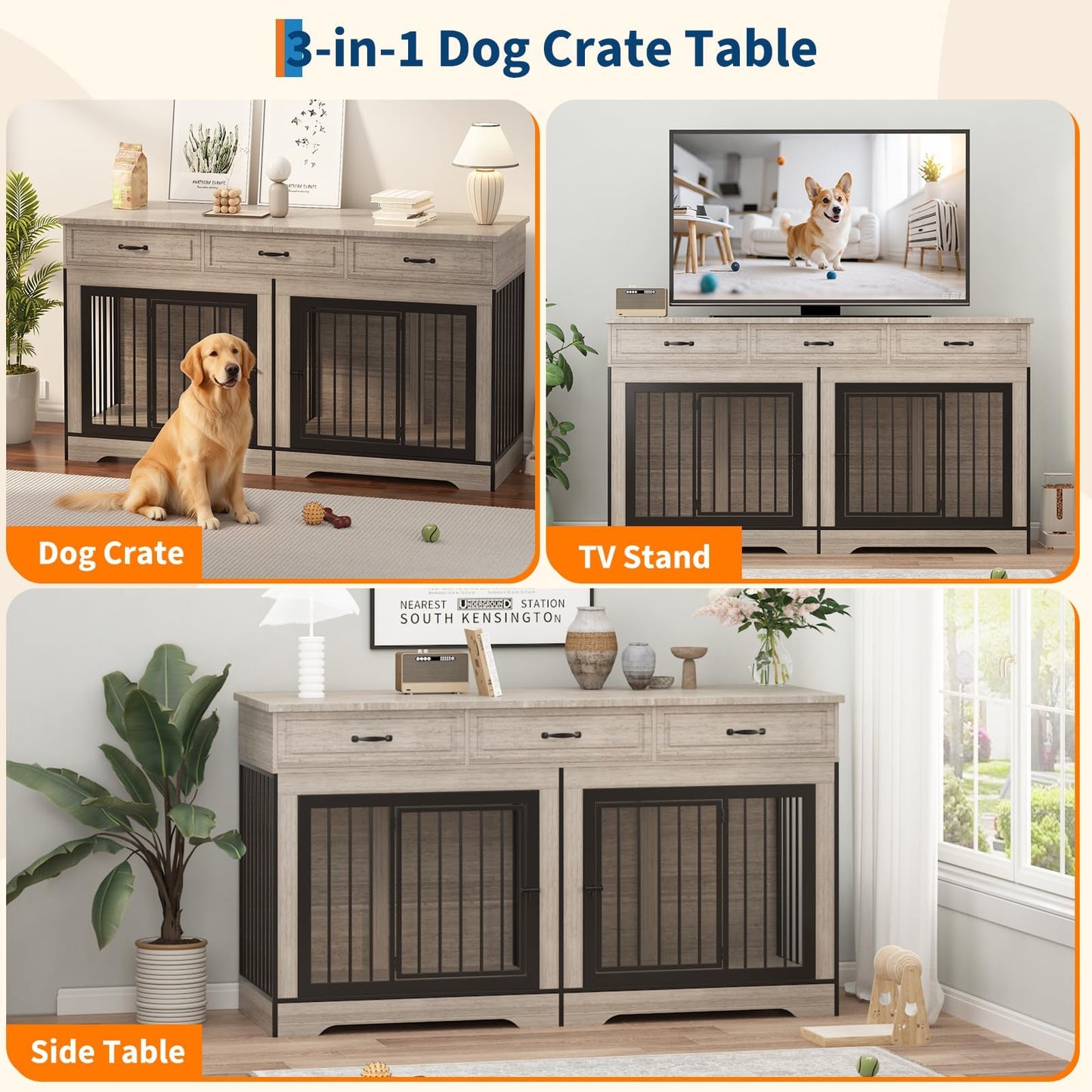 Extra Large Double Dog Crate Furniture – 70.9" Heavy Duty Wooden Kennel for 2 Medium or Large Dogs, Decorative End Table with 3 Drawers, TV Stand, Indoor Dog Cage with Double Doors