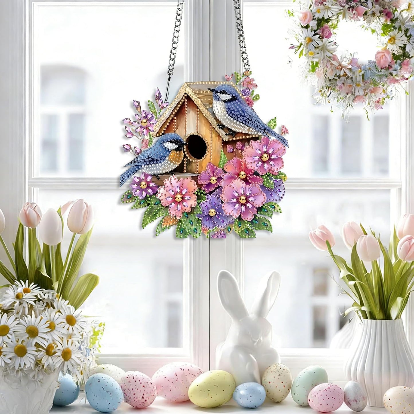 LPDJITO DIY Birdhouse Diamond Painting Hanging Ornament, Double-Sided Acrylic Flowers Bird Diamond Art Kit, Special Shaped Drill Pendant Window Art Kit, Suncatcher Hanging Craft Decoration