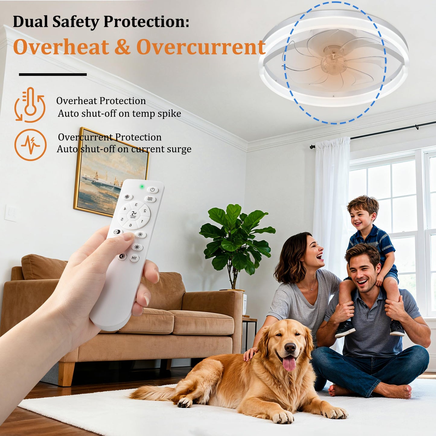 Qewoce Ceiling Fans with Lights and Remote, 19" Flush Mount Low Profile Ceiling Fan, 3-Color Dimmable LED Fandelier, 6-Speed Reversible Ceiling Fan for Living Room, Bedroom & Kids Room (F002, White)