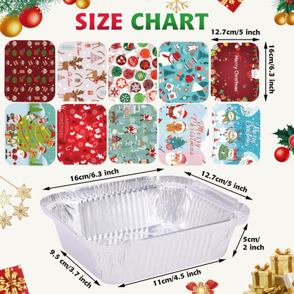 SAITI 50 PCS Christmas Cookie Tins with Lids for Gift Giving, Disposable Food Storage Pan Aluminium Foil Treat Containers for Holiday Leftovers Goodie or Cookie Exchange