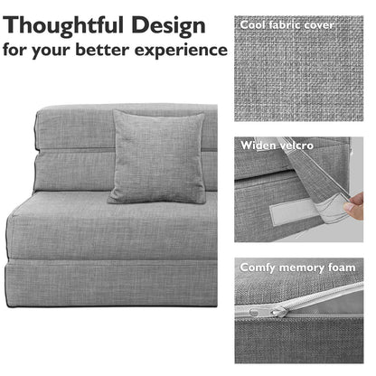 ANONER 60" Folding Sleeper Chair Sofa Bed Lazy Couch with 2 Pillows, Queen Size Memory Foam Washable Cover, Light Gray